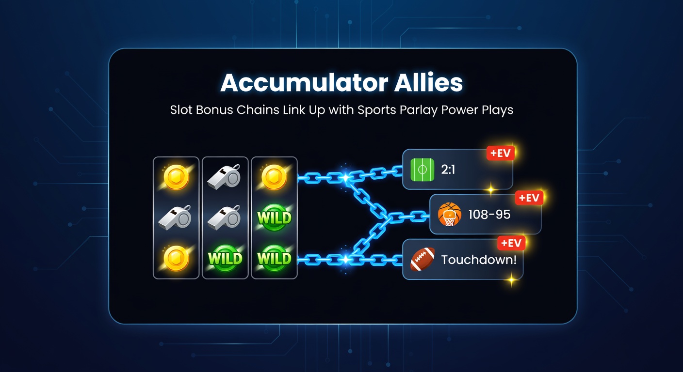 Dynamic graphic of a slot bonus chain feeding into a glowing sports parlay accumulator, with coins and odds multipliers flowing between them