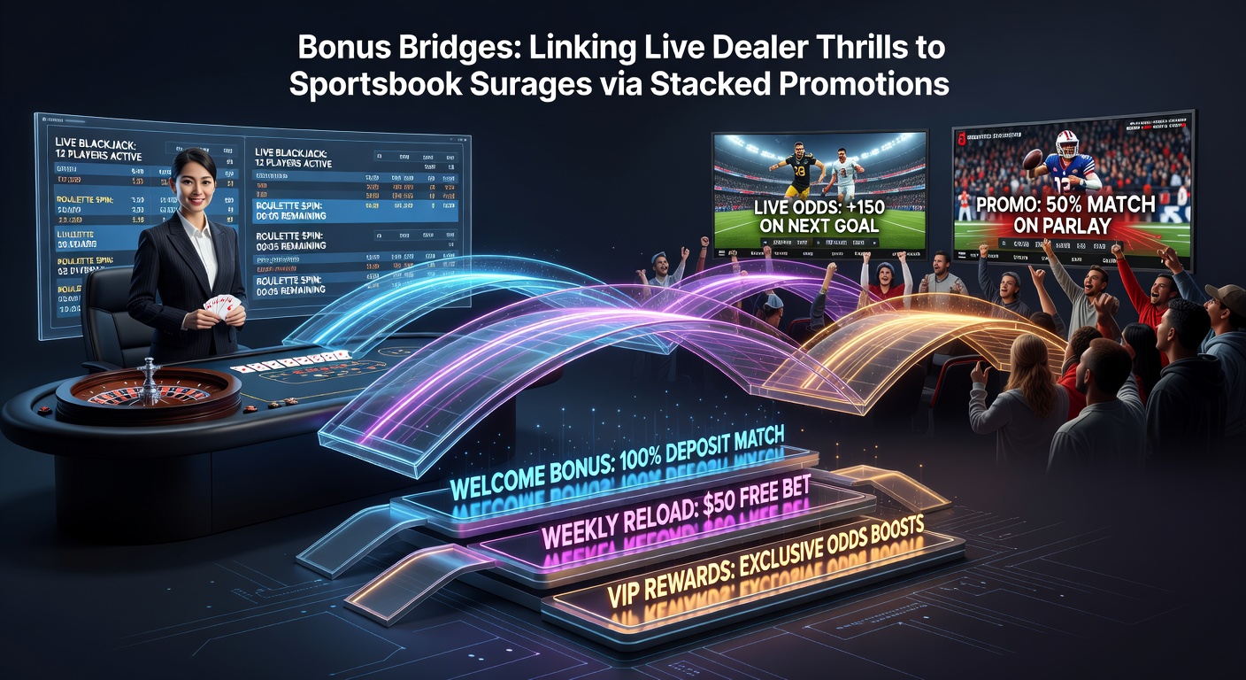 Dynamic graphic showing live dealer roulette wheel merging into a sports betting interface with bonus icons bridging the two