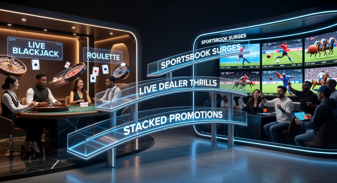Infographic illustrating stacked bonus flow from live casino table to sportsbook odds board with surging player stats