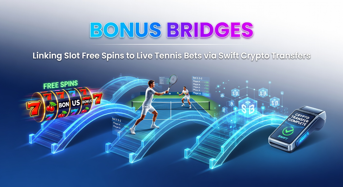 Vibrant digital graphic showing slot reels spinning into a tennis court with cryptocurrency lightning bolts connecting bonuses to live bets