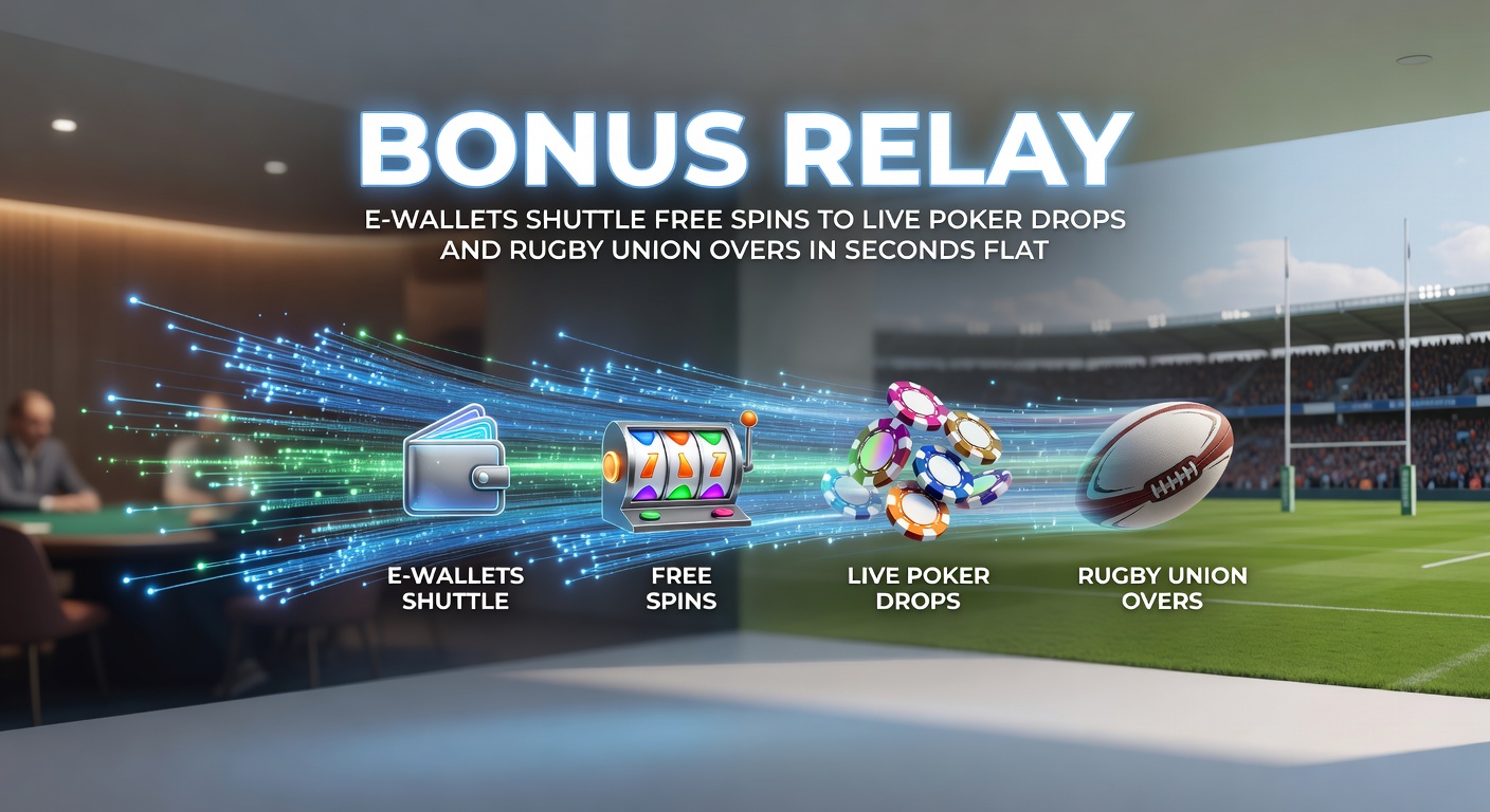 Close-up of a live poker table with bonus drop notification overlaid on rugby betting slip showing overs wager, connected by e-wallet transfer arrows