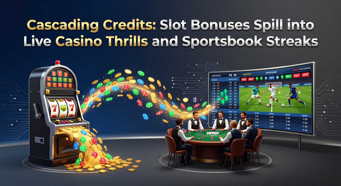 Vibrant slot machine reels cascading colorful bonus credits that flow into live dealer tables and sportsbook odds displays, illustrating seamless bonus transfers across gaming platforms
