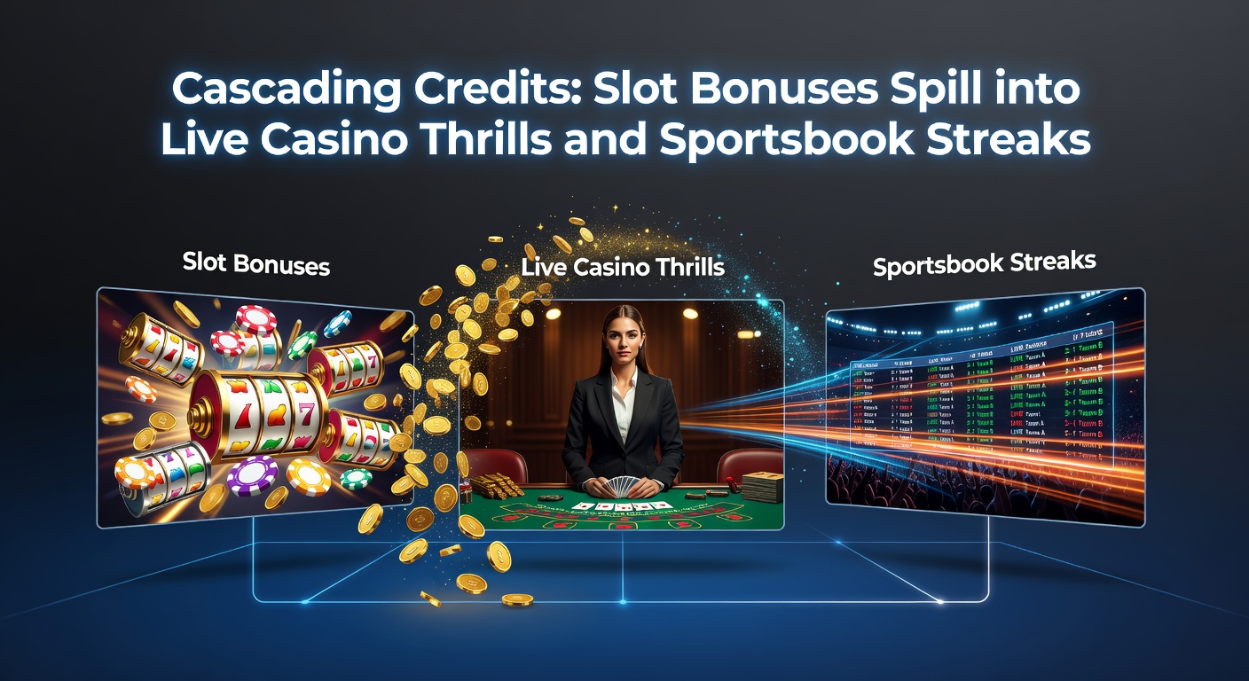 Dynamic graphic of digital credits pouring from slot symbols over a split-screen of live casino dealers dealing cards and sportsbook tickers updating odds in real time