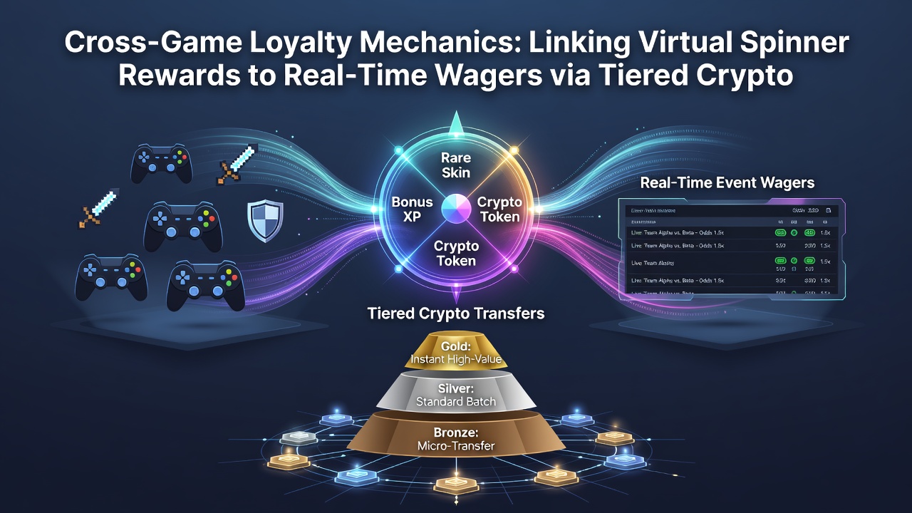 Digital illustration of interconnected slot reels and sports betting interfaces with crypto transfer arrows