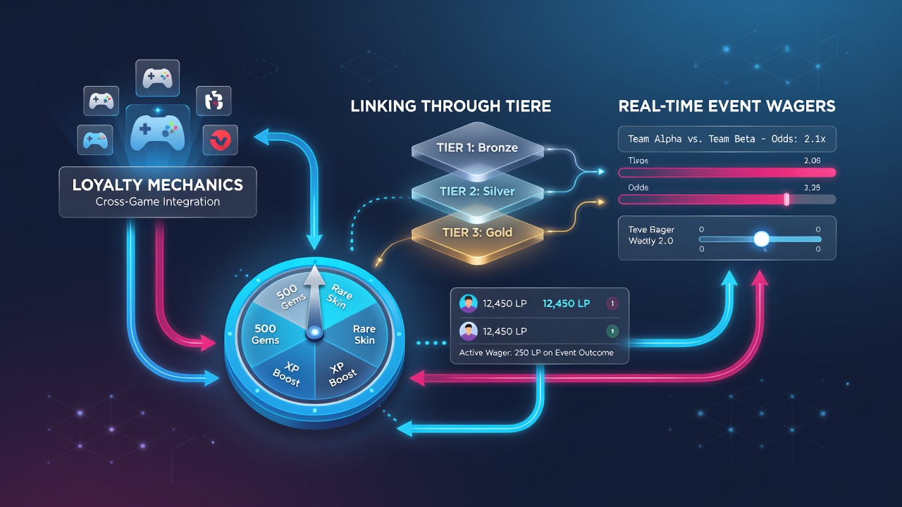 Flow diagram showing loyalty points moving from slot spinners through crypto tiers into live sports betting markets