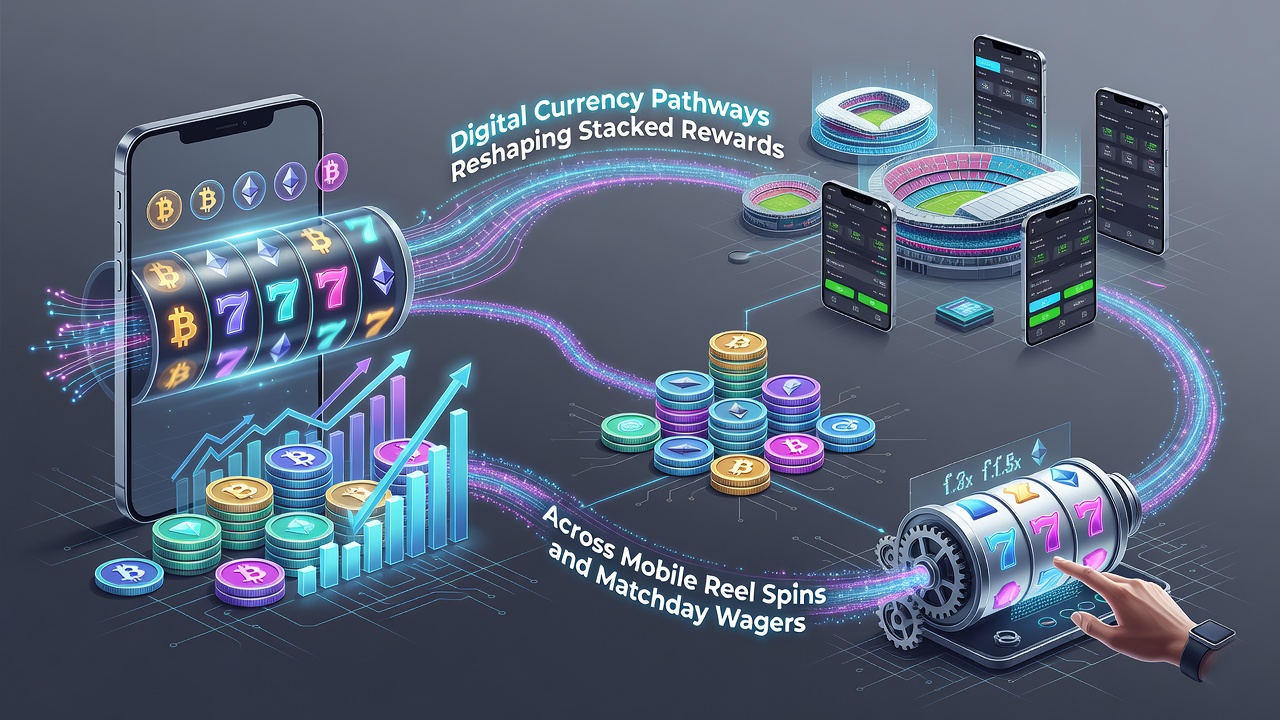 Mobile interface showing stacked rewards flowing from reel spins into live matchday wagers