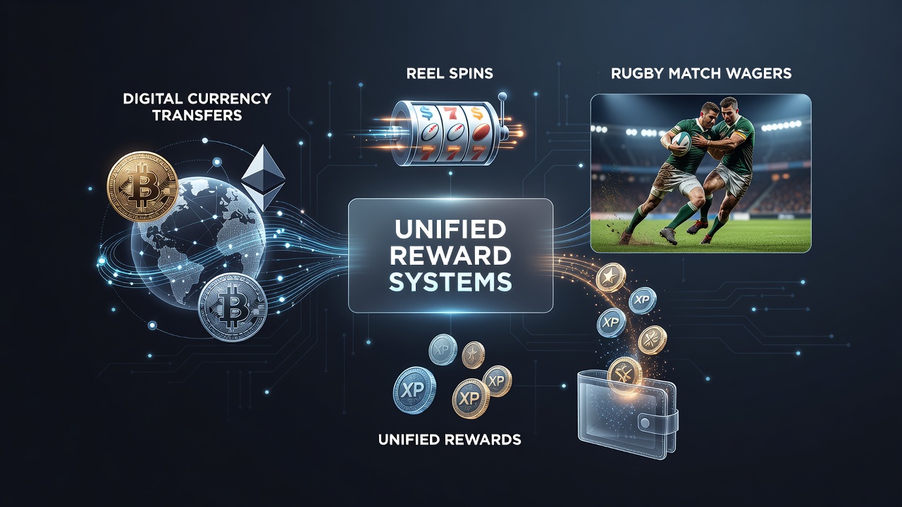 Digital currency transfer interface showing reel spin rewards converting to rugby match wager credits on a unified platform dashboard