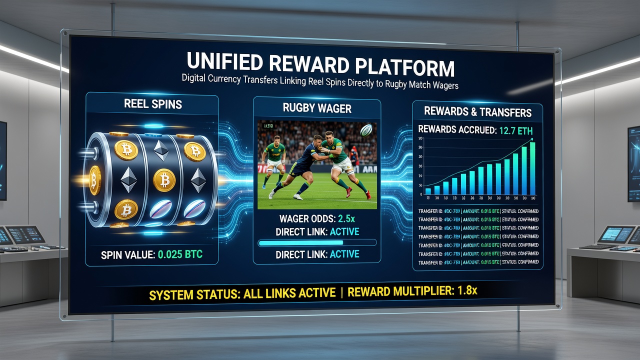 Rugby match wagering screen linked to casino reward balance after a successful digital currency transfer from slot activity