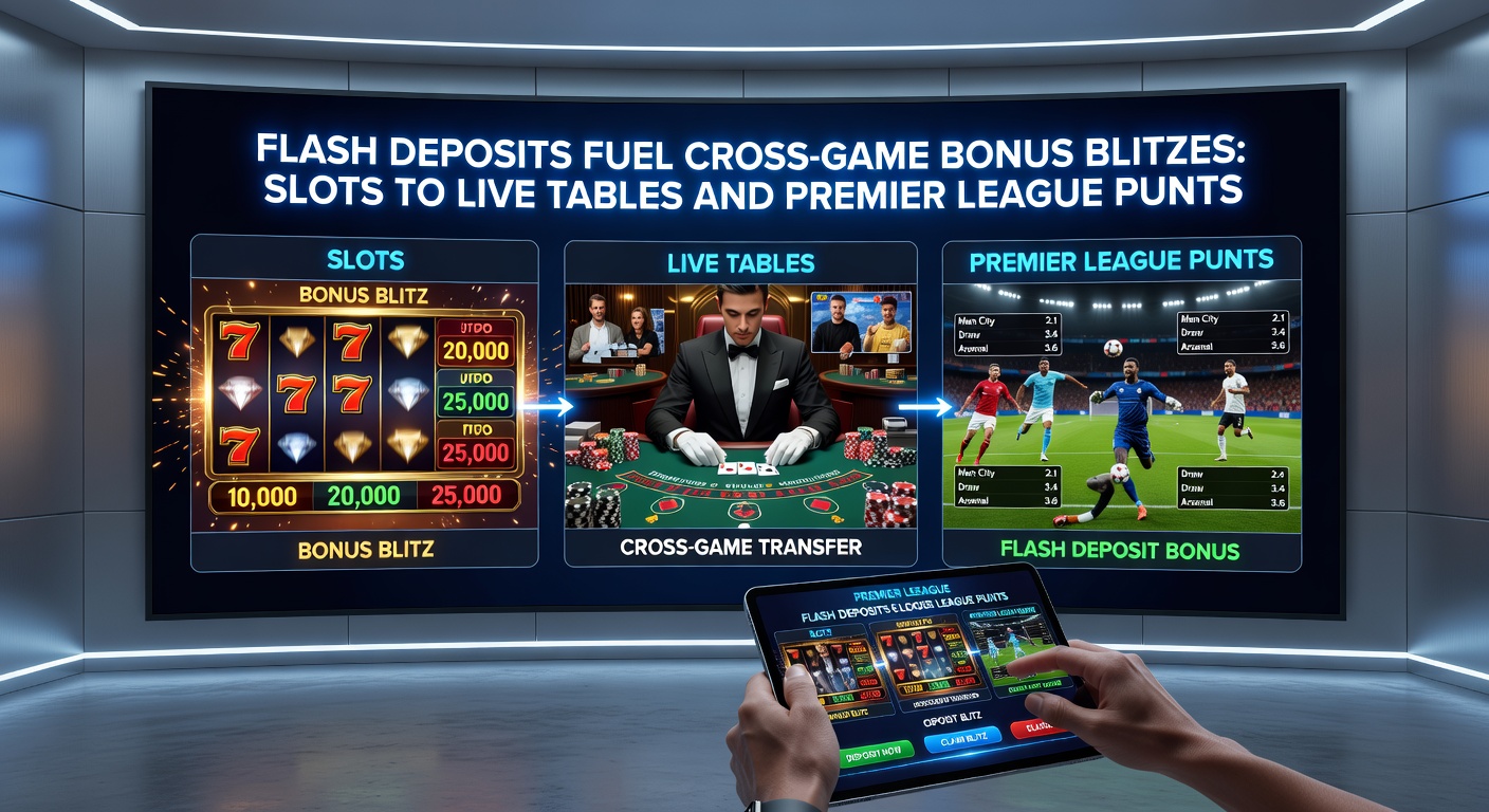 Screenshot of a mobile app interface displaying a flash deposit confirmation, bonus balance updating in real-time across slots, live dealer lobby, and Premier League betting slips