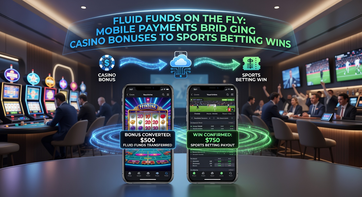 Close-up of a sports betting app interface with a pending mobile payment notification linking back to casino bonus credits, overlaid on a blurred stadium crowd