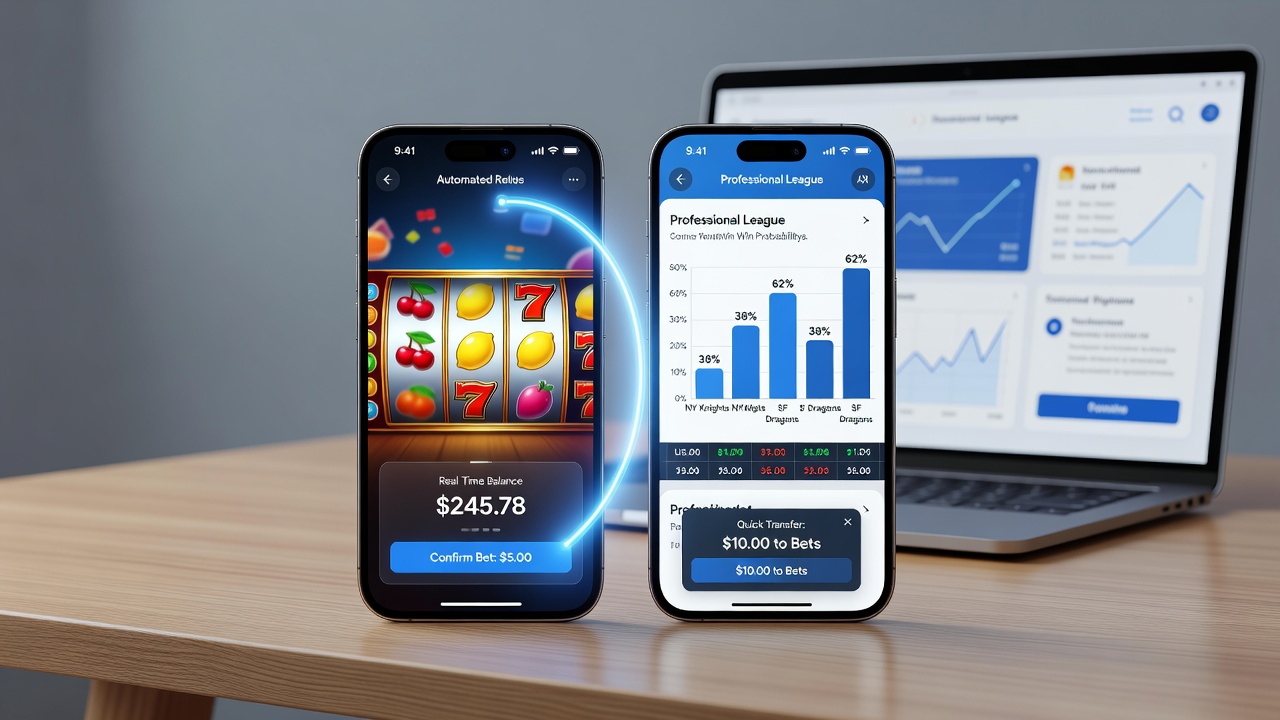 Mobile device showing digital wallet integration between slot games and sports betting predictions
