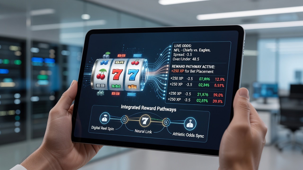 Mobile app interface showing linked slot reels and live sports betting odds with shared reward indicators