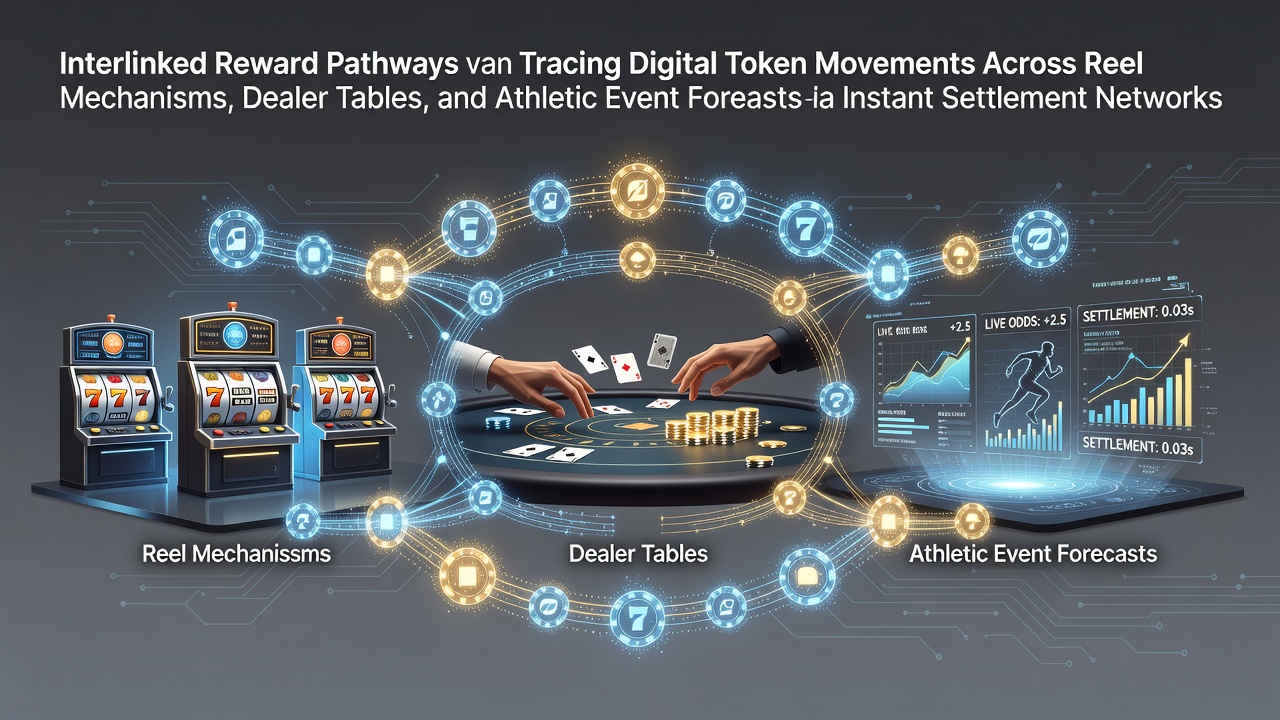 Digital token pathways connecting slot reels, dealer tables, and sports betting interfaces in a unified network diagram