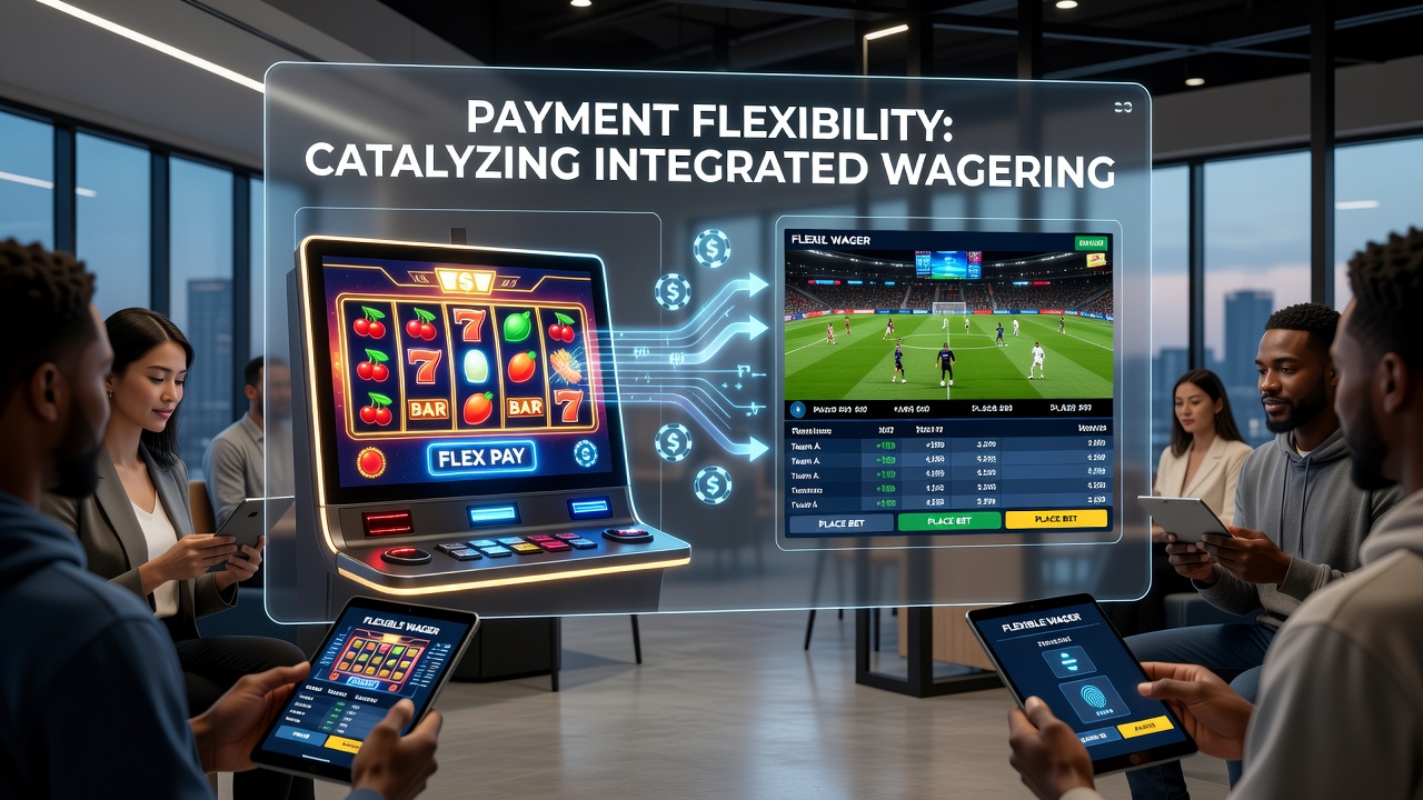 Split-screen view showing a slot reel on one side and a live sports odds board on the other, linked by a payment flow graphic