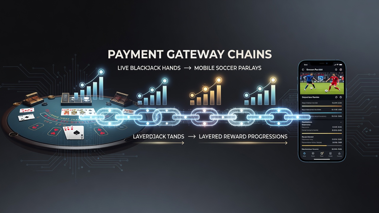 Illustration of payment gateway chains linking casino tables to sports betting interfaces on mobile devices