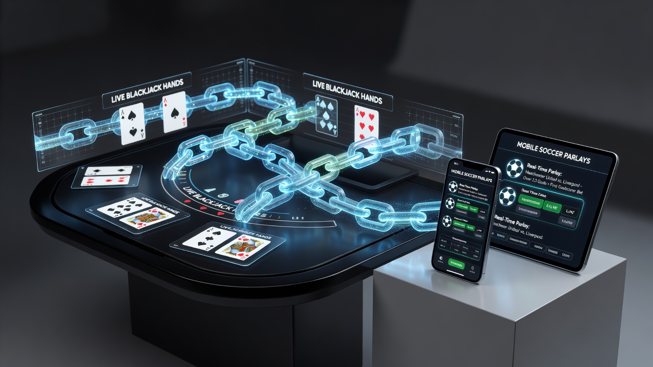 Mobile interface showing linked blackjack session data feeding into soccer parlay builder with active reward tiers