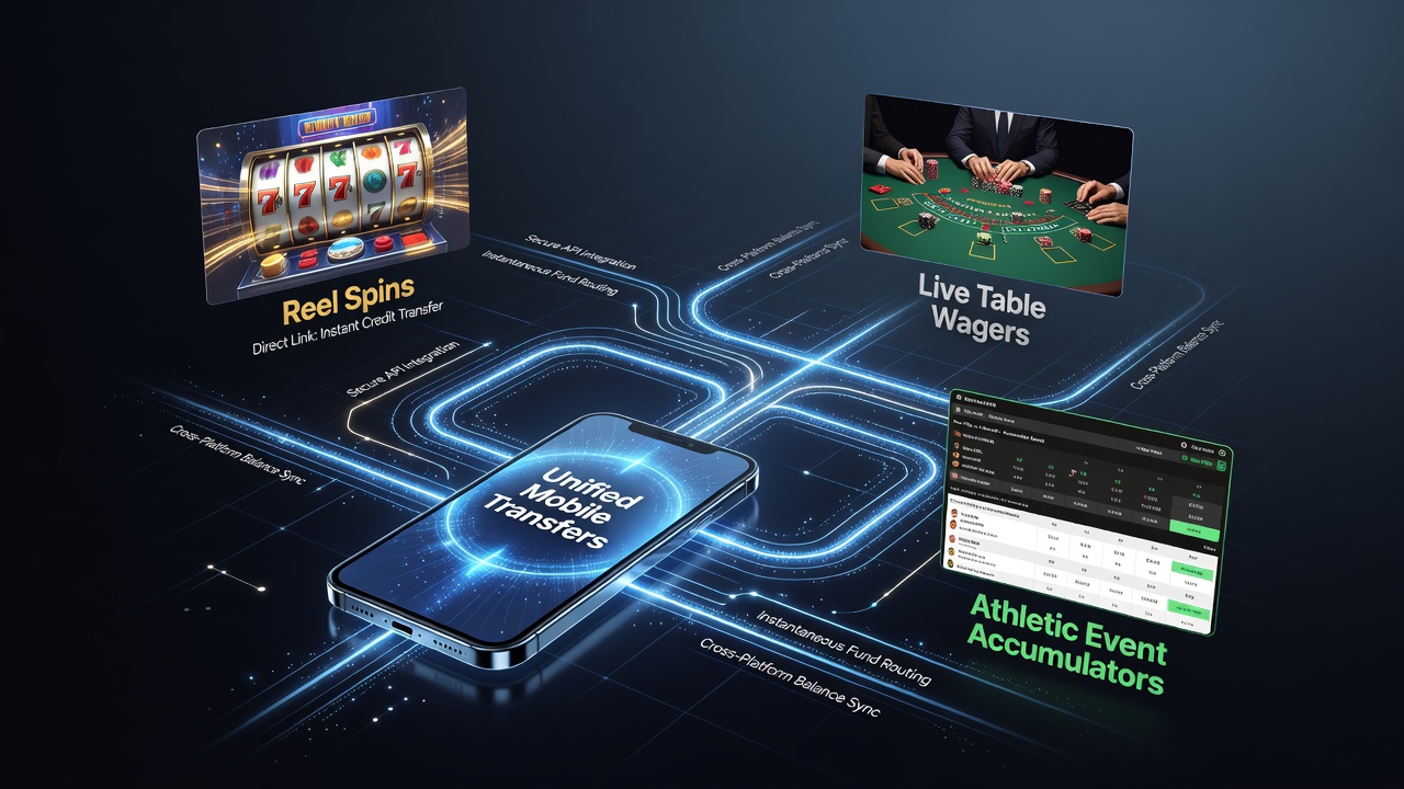 Mobile app interface showing seamless transfers between slot games, live tables, and sports accumulators