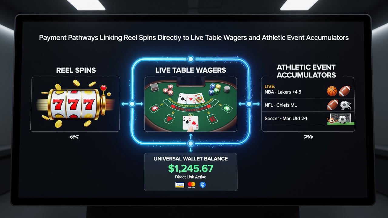 Flow diagram illustrating payment connections from reels to live tables and sports accumulators