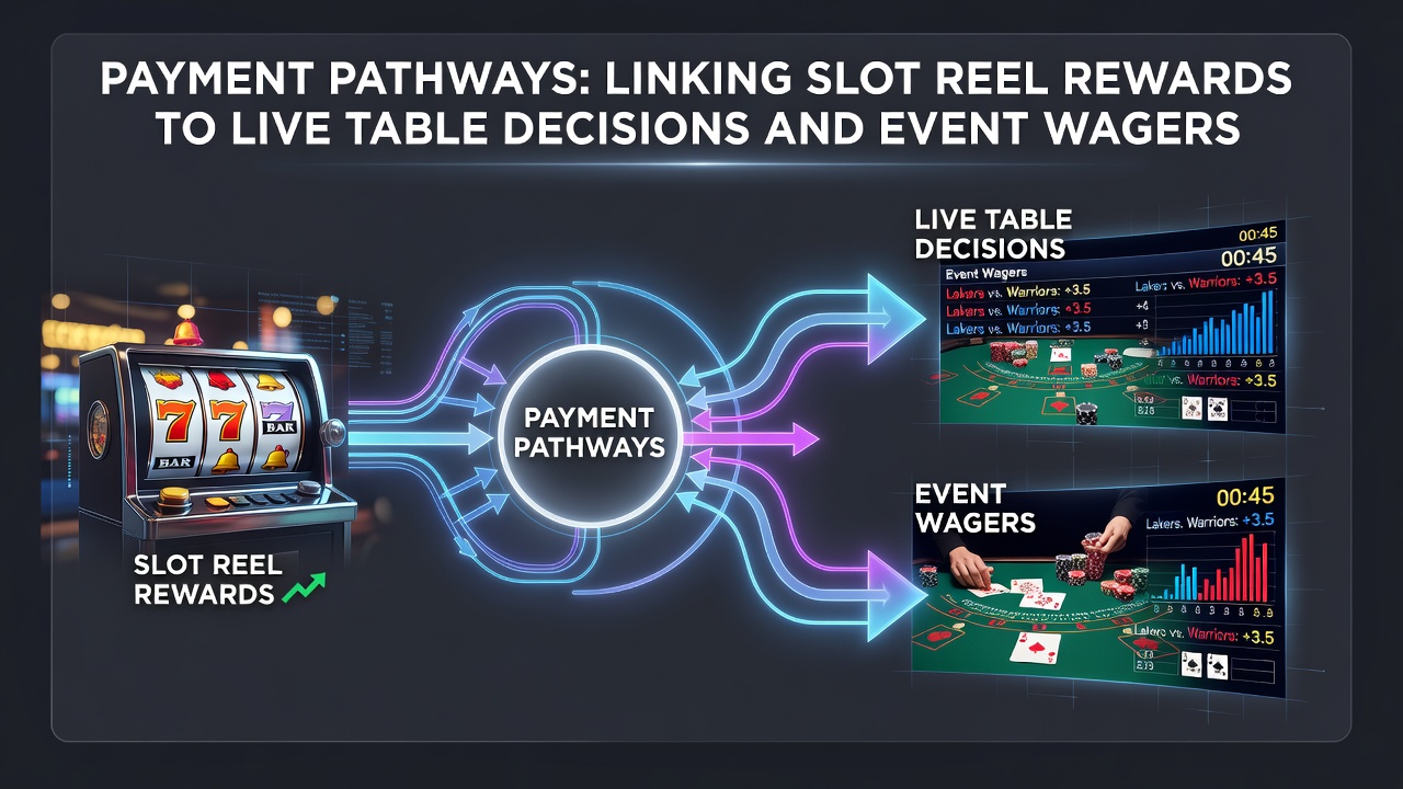 Illustration of interconnected payment flows between slot machines, live tables, and sports betting platforms
