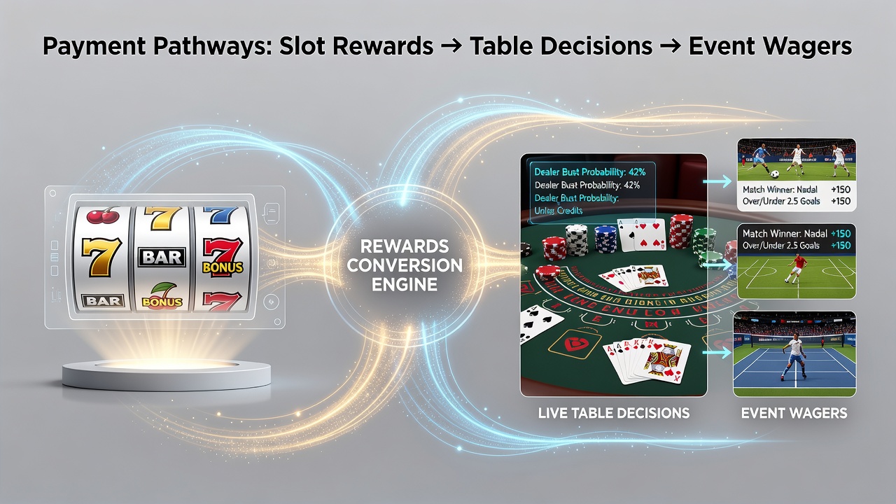 Screenshot showing mobile interface with slot rewards transferring to live table and sports wager options
