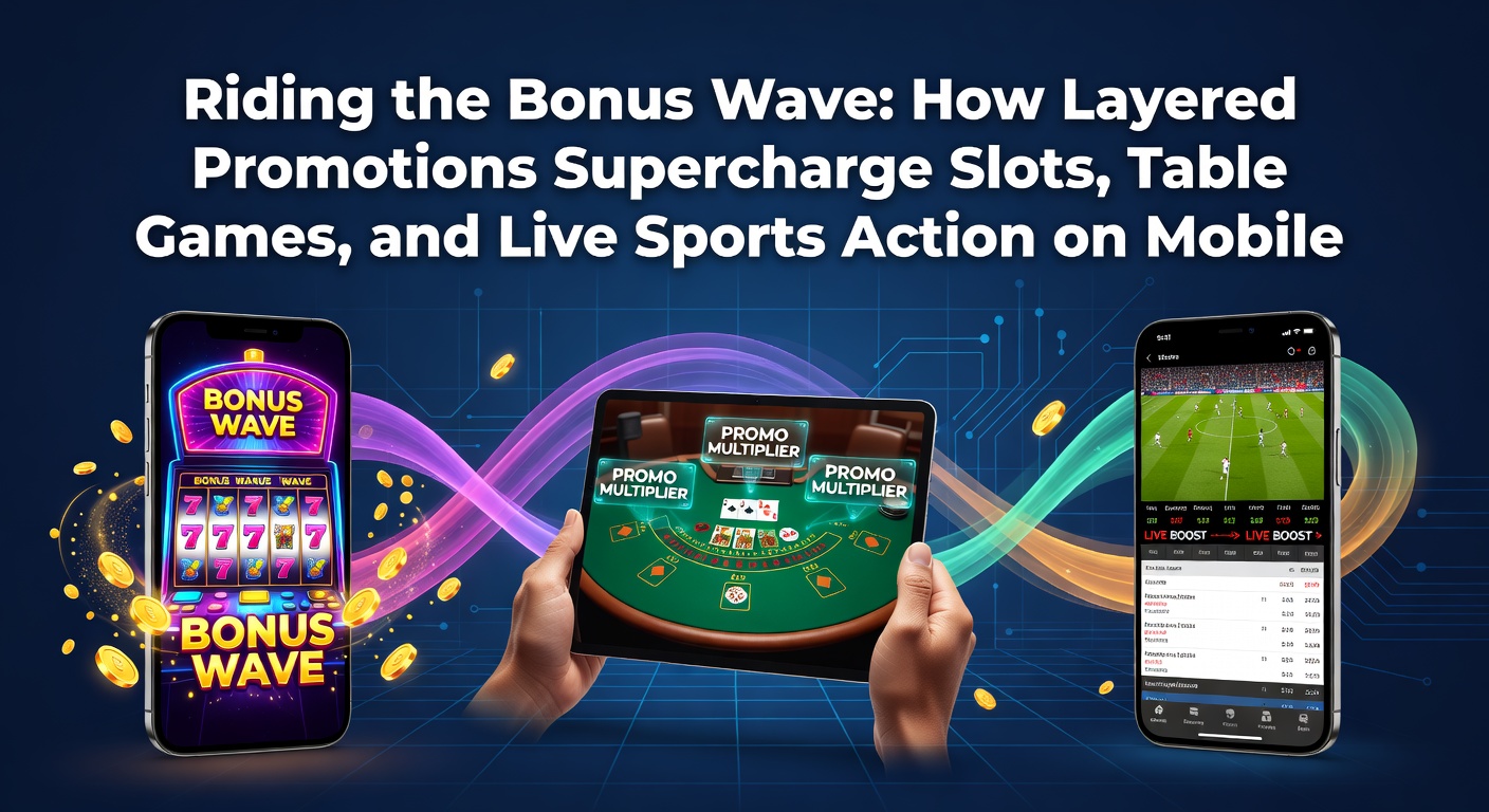Vibrant mobile screen showing stacked bonus icons overlaying slots reels, table game chips, and live sports betting odds