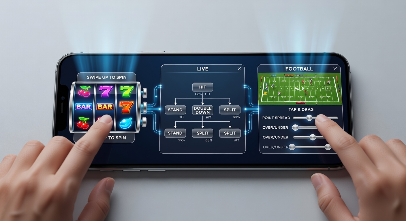 Smartphone displaying integrated gesture controls for slot reels transitioning into blackjack decision paths and football bet interfaces