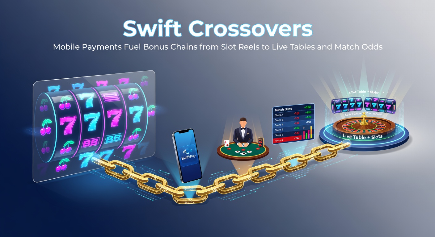Dynamic graphic showing bonus icons flowing from slot machine to live dealer interface and sports betting slip via mobile payment arrows