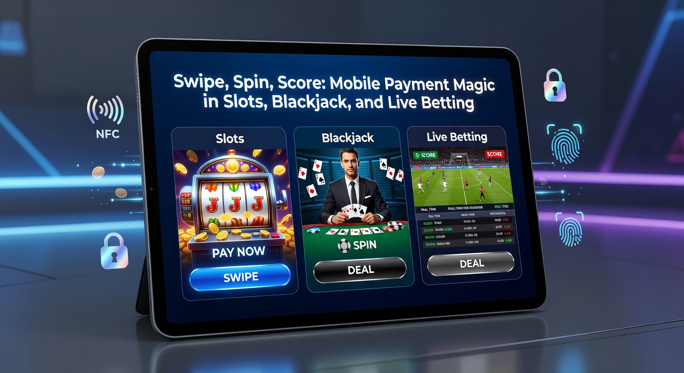 Close-up of a mobile screen showing a live blackjack hand in progress alongside a confirmed payment swipe, with casino chips and cards in sharp focus