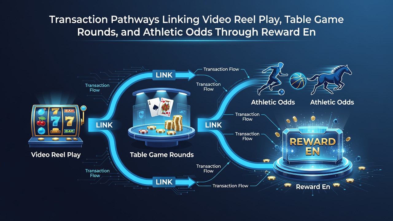 Diagram of reward enhancement pathways linking mobile slots, table games, and sports odds with transaction arrows and bonus icons