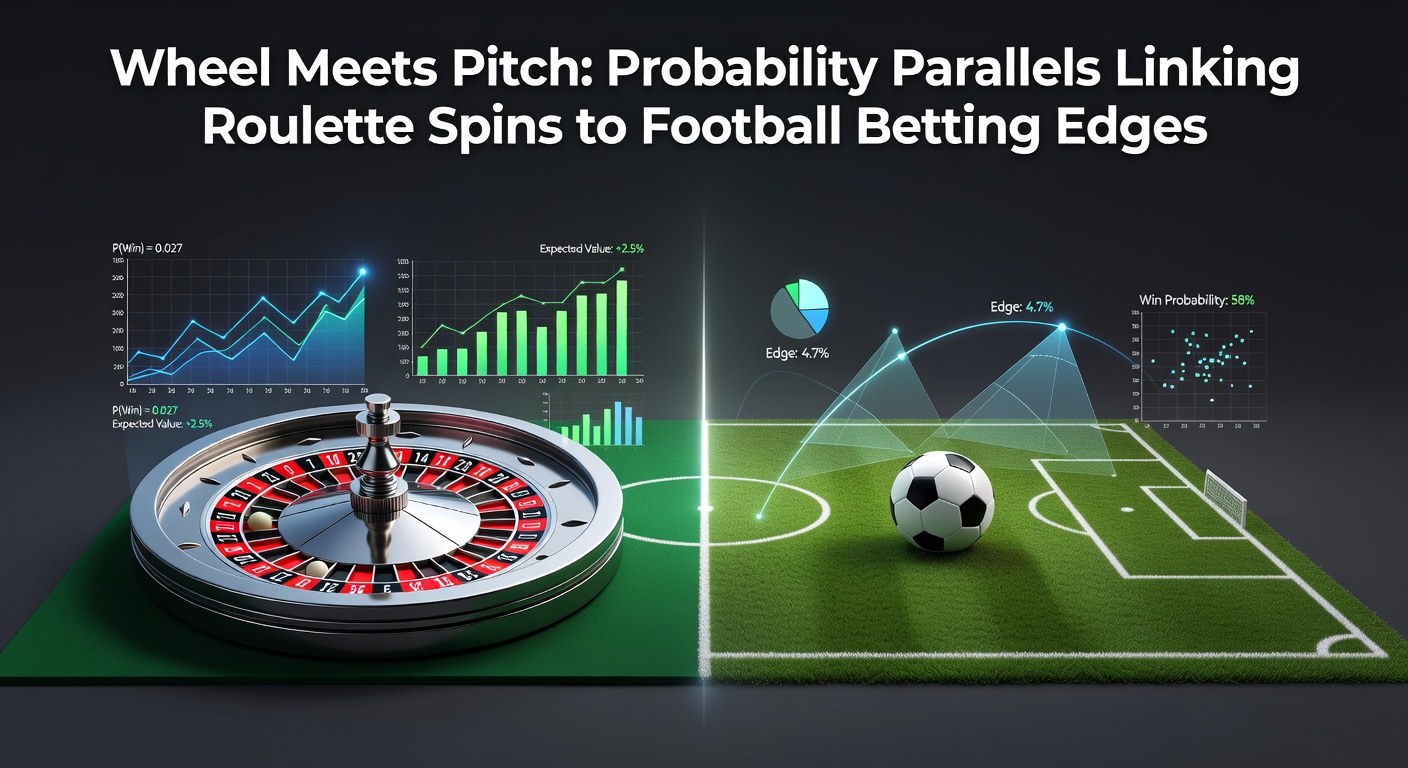 Dynamic roulette wheel in motion overlayed on a vibrant football pitch during a match, symbolizing probability intersections in gambling
