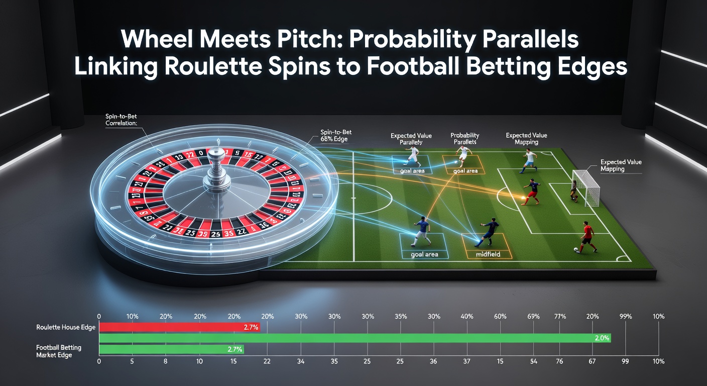 Close-up of a roulette ball landing on a number beside football betting slips and odds screens, illustrating shared probability calculations